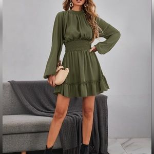 SHEIN size LARGE Green Lantern Sleeve Shirred Ruffle Hem Dress